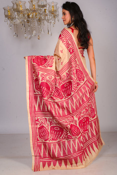Pure tusser katha stitch saree