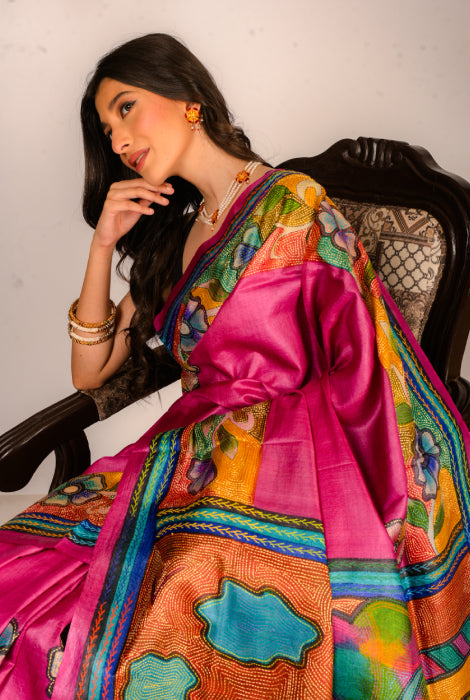 Pure dyed tusser silk handpainted katha stitch saree