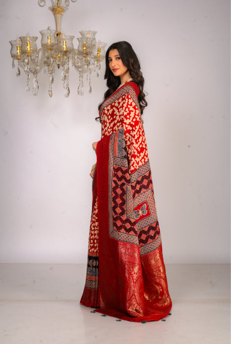 Pure Dola silk Ajrakh hand block zari pallu saree