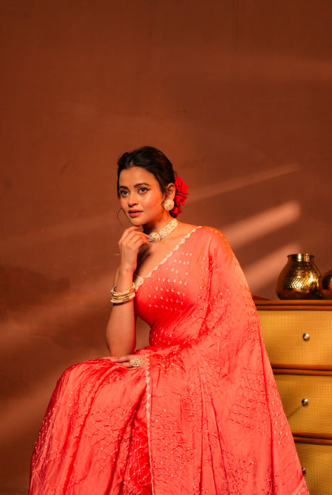 Modal silk bandhni with chikonkari work