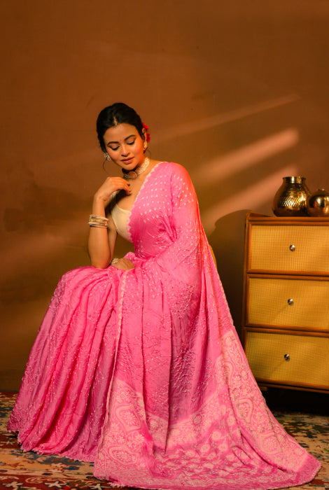 Modal silk bandhni with chikonkari work