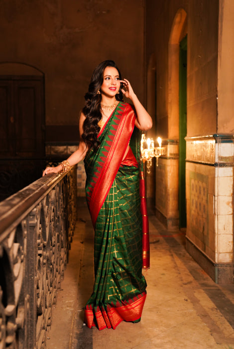 Paithani semi silk checks temple pad saree