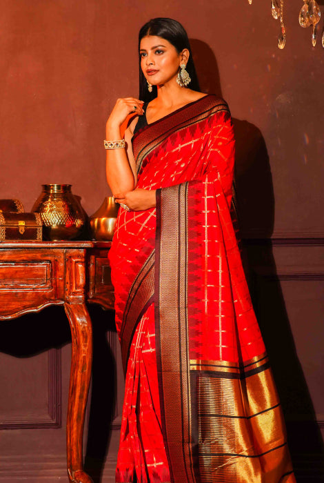 Paithani Semi Silk Temple Paad Zari Checks Saree