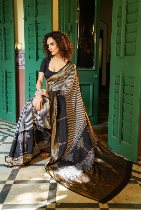 Pure Dola silk Ajrakh hand block zari pallu saree