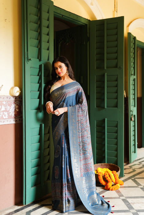 Pure Dola silk Ajrakh hand block zari pallu saree