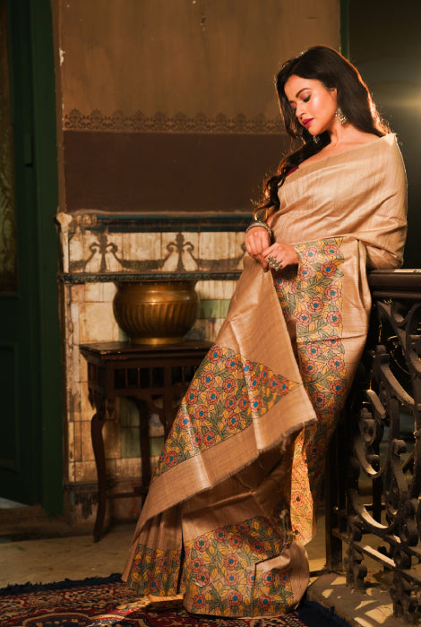 Pure tusser silk Madhubani hand painted saree