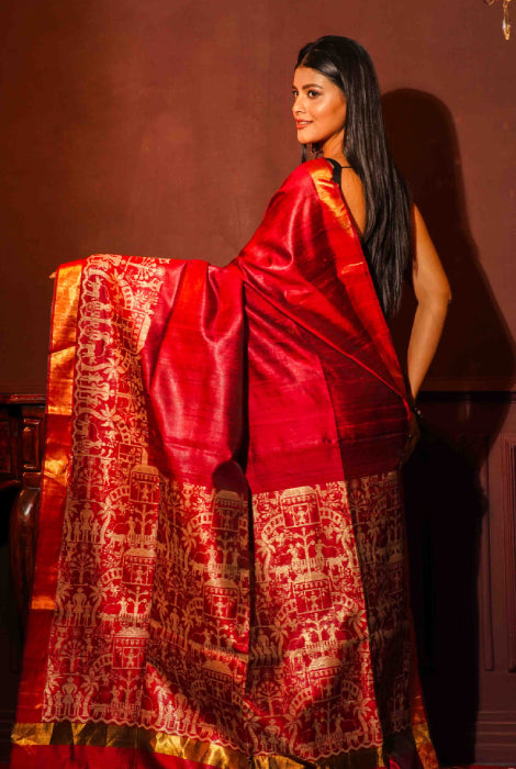 Work on Tusser silk and zari paad saree