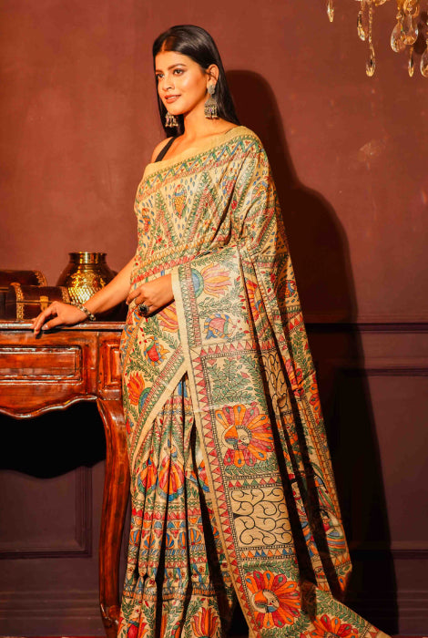 Tusser Silk Madhubani Hand Painted Saree