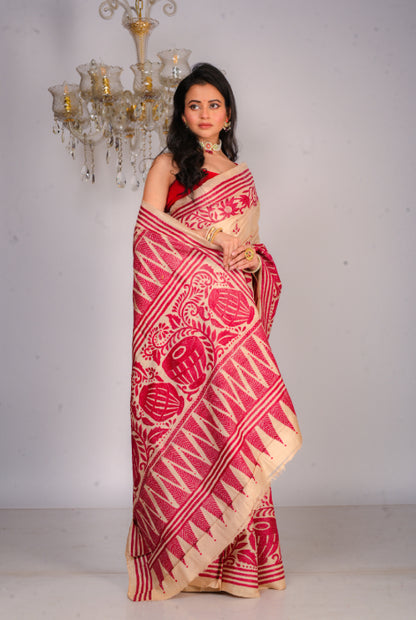 Pure tusser katha stitch saree