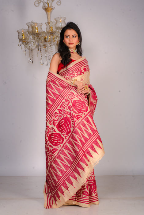 Pure tusser katha stitch saree