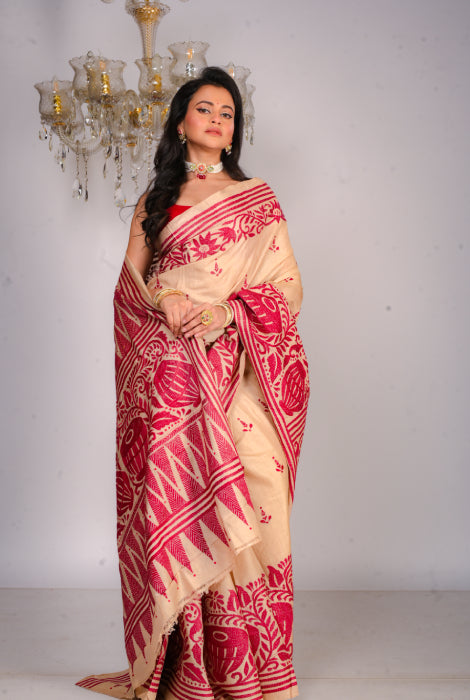Pure tusser katha stitch saree