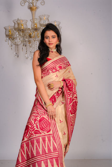Pure tusser katha stitch saree