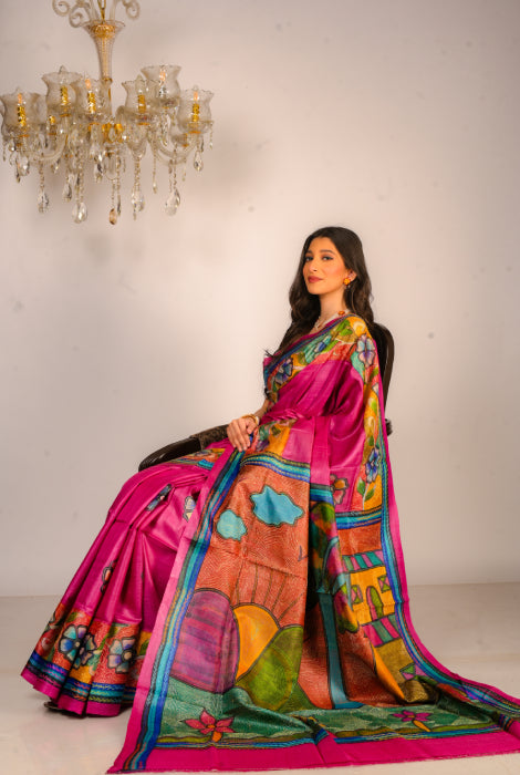 Pure dyed tusser silk handpainted  katha stitch saree