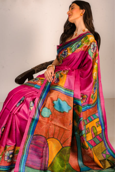 Pure dyed tusser silk handpainted  katha stitch saree