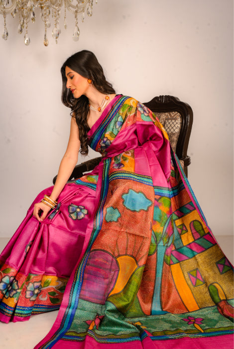 Pure dyed tusser silk handpainted  katha stitch saree