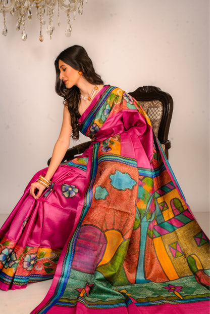 Pure dyed tusser silk handpainted  katha stitch saree