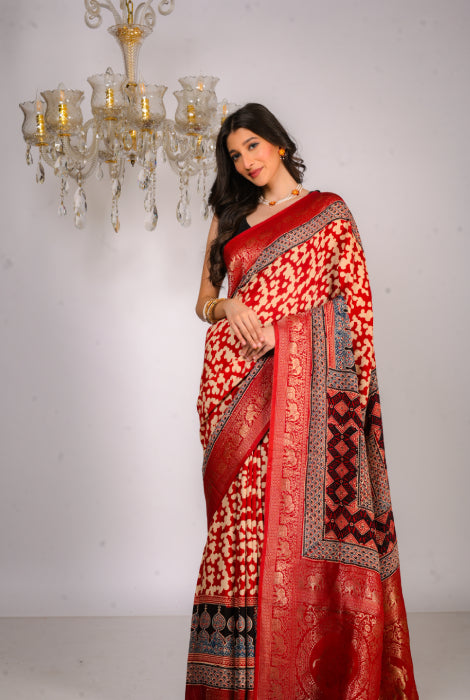 Pure Dola silk Ajrakh hand block zari  pallu saree