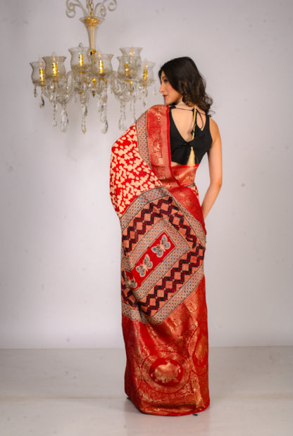 Pure Dola silk Ajrakh hand block zari  pallu saree