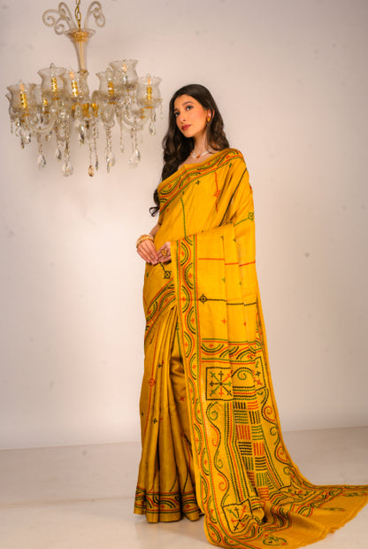 Pure dyed tusser silk gujrati stitch saree