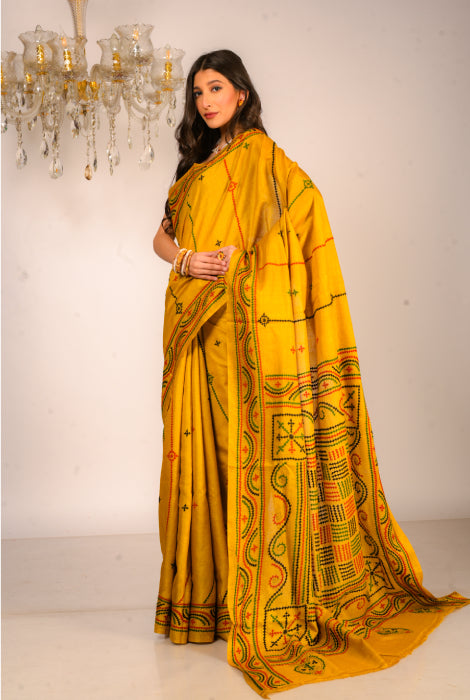 Pure dyed tusser silk gujrati stitch saree