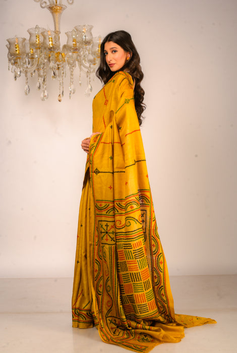 Pure dyed tusser silk gujrati stitch saree