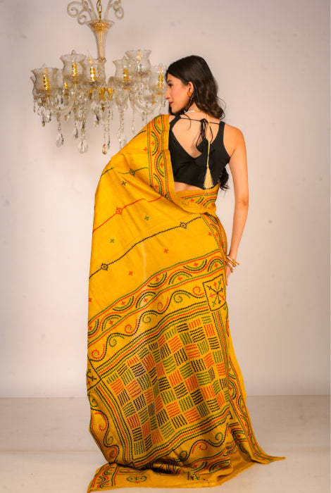 Pure dyed tusser silk gujrati stitch saree