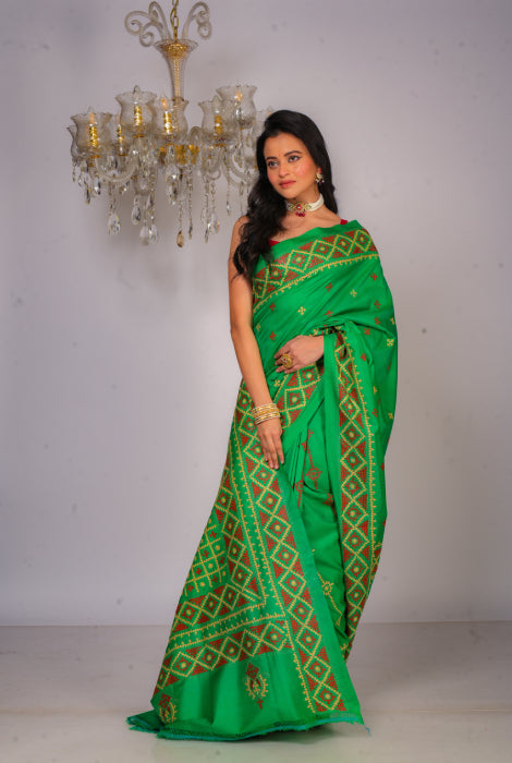 Pure Bishnupuri katan silk Gujarati stitch