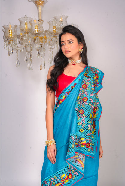 Tusser silk cut work