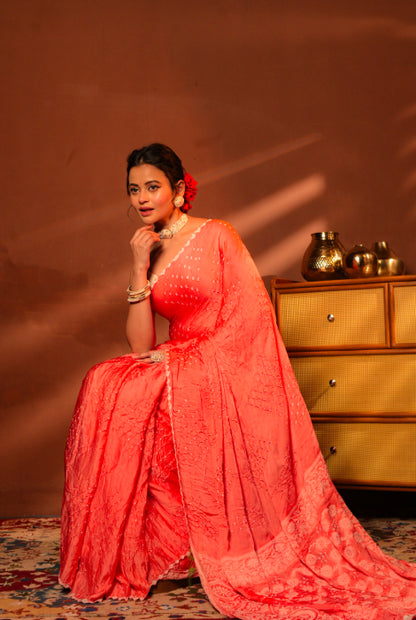 Modal silk bandhni with chikonkari work