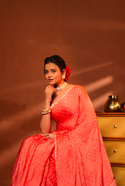 Modal silk bandhni with chikonkari work
