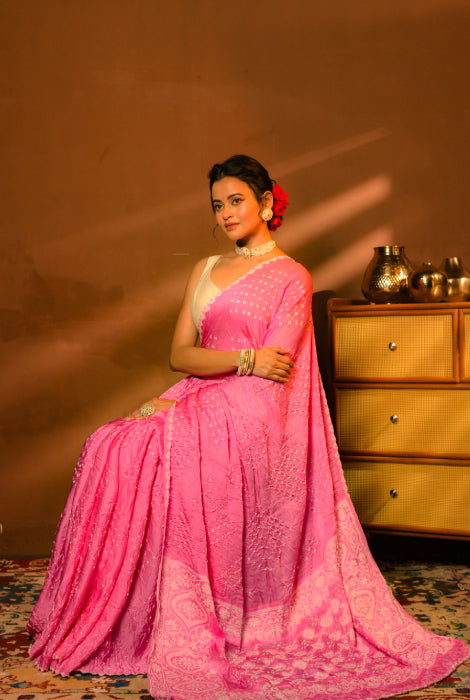 Modal silk bandhni with chikonkari work