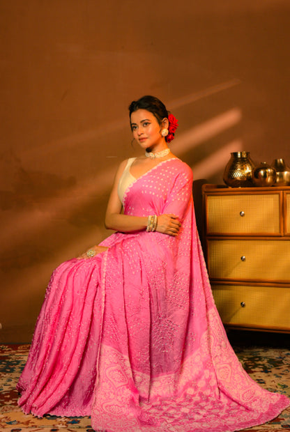 Modal silk bandhni with chikonkari work