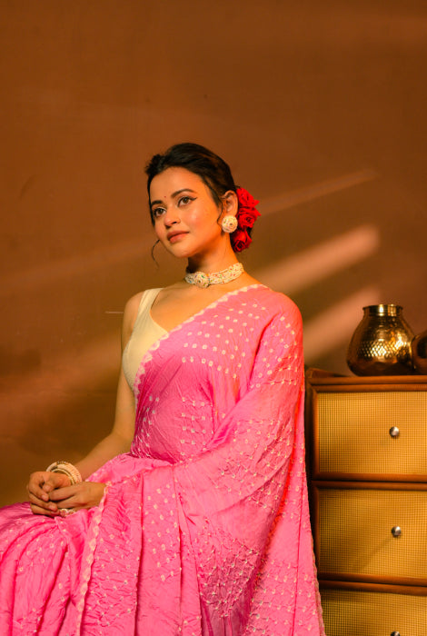 Modal silk bandhni with chikonkari work