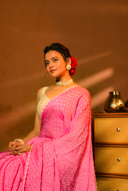 Modal silk bandhni with chikonkari work