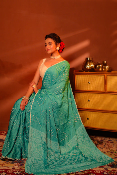 Modal silk bandhni with chikonkari work