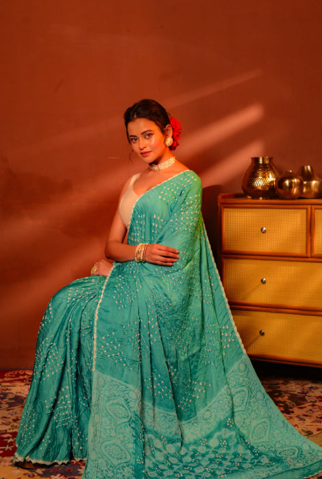 Modal silk bandhni with chikonkari work