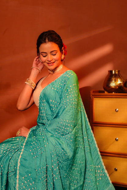 Modal silk bandhni with chikonkari work