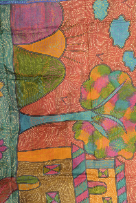 Pure dyed tusser silk handpainted  katha stitch saree