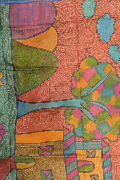 Pure dyed tusser silk handpainted  katha stitch saree