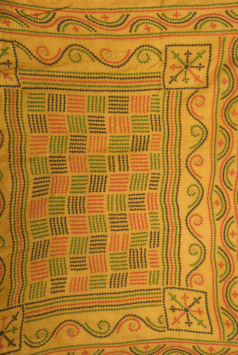 Pure dyed tusser silk gujrati stitch saree