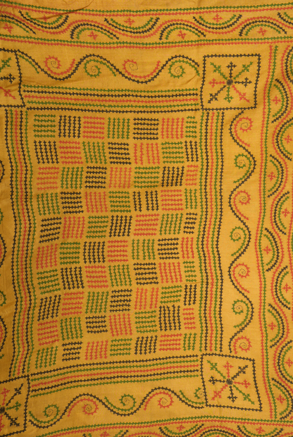 Pure dyed tusser silk gujrati stitch saree