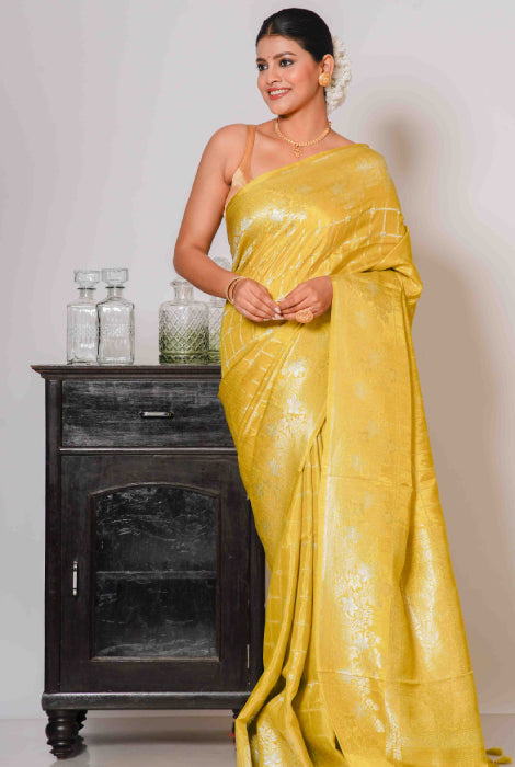 Mashroo semi silk golden chks Banarasi