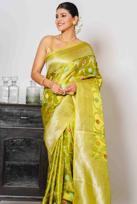 Mashroo semi silk jangla  work Banarasi saree