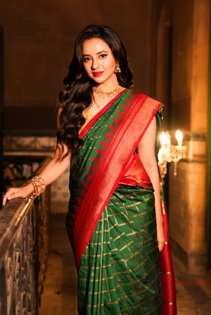 Paithani semi silk checks  temple pad saree