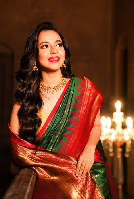 Paithani semi silk checks  temple pad saree