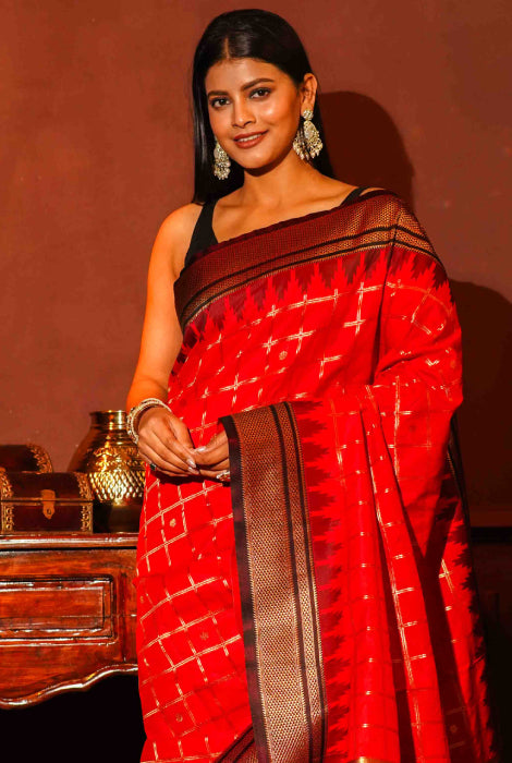 Paithani Semi Silk Temple  Paad Zari Checks Saree