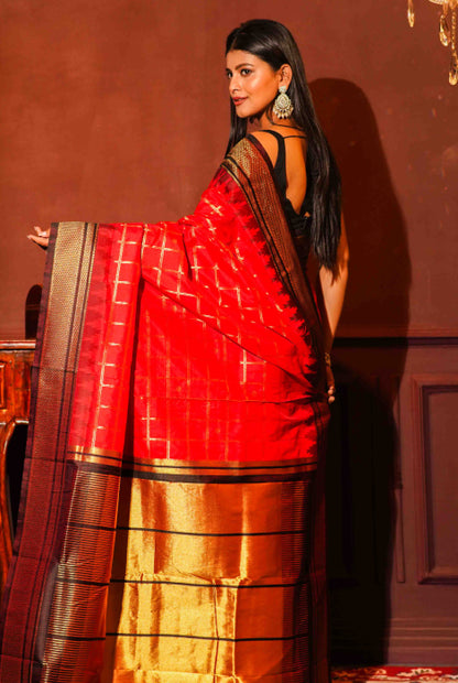 Paithani Semi Silk Temple  Paad Zari Checks Saree