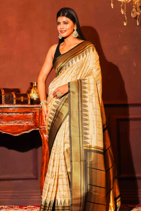 Paithani semi silk temple  paad zari checks saree