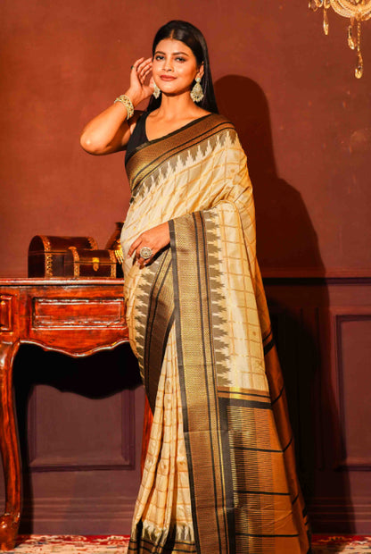 Paithani semi silk temple  paad zari checks saree