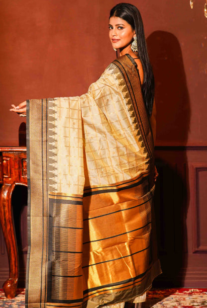 Paithani semi silk temple  paad zari checks saree